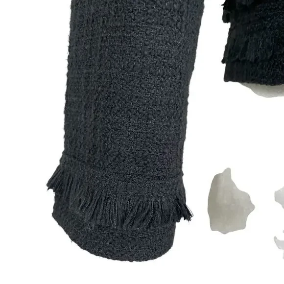 Karl Lagerfeld Paris Tweed Cropped Blazer Jacket Fringe Black Size Small Chic - Picture 6 of 15